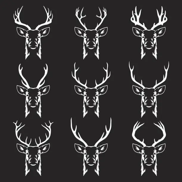 Vector illustration of Vector Reindeer Horns, Antlers. Deer Horn Silhouettes. Hand Drawn Deers Horn, Antler Set. Animal Antler Collection. Design Elements of Deer. Wildlife Hunters, Hipster, Christmas and New Year concept