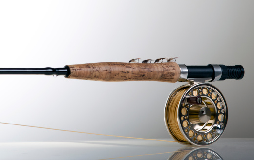 Fly fishing rod and reel with four different nymphs