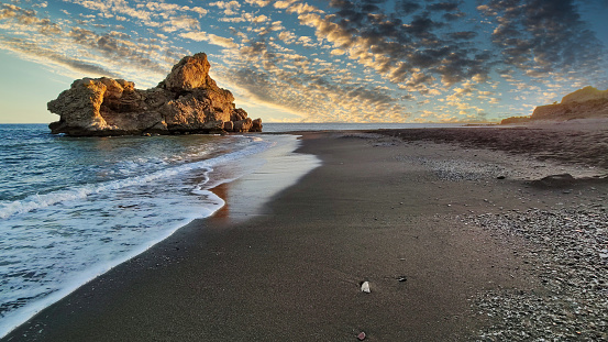 Penon del Cuervo beach at sunset, Malaga province, Andalusia, Spain, Europe