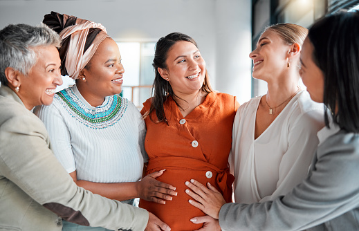 Pregnant, women touch stomach and support with smile, love and solidarity with care, wellness and bonding. Pregnancy, females and ladies feeling tummy, belly growth and community with diversity