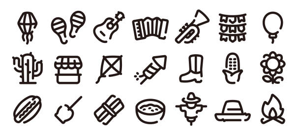 ilustraciones, imágenes clip art, dibujos animados e iconos de stock de conjunto de iconos festa junina (versión de línea suave en negrita) - acordeon