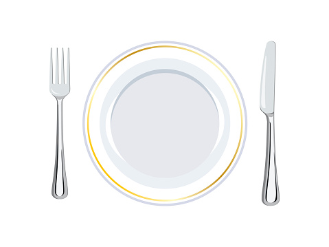 Clean white plate with gold rim and metal cutlery icon vector isolated on a white background
