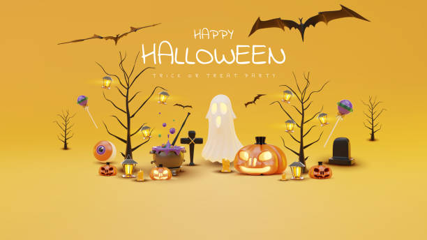 istock Pumpkin with ghost elements and bat with 3d realistic halloween ornament. Happy halloween sale banner template background. Vector illustration. 1484095544
