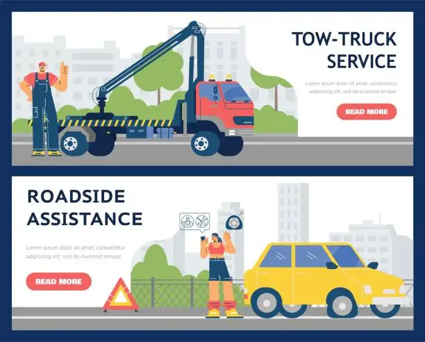 Vector illustration of Tow truck service and roadside assistance web banners set, flat vector illustration.