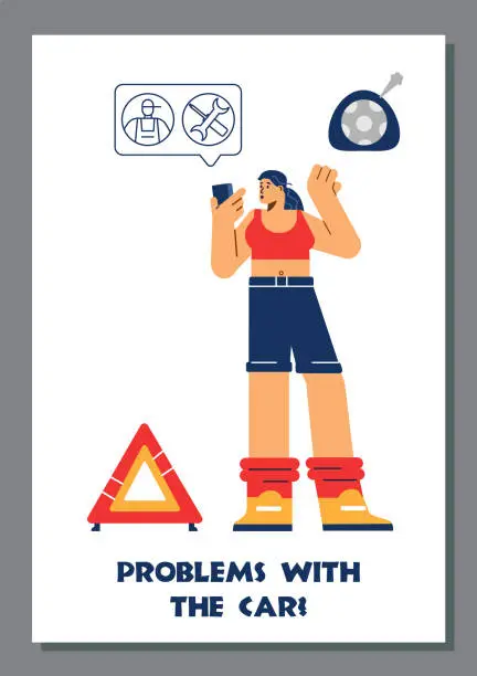 Vector illustration of Woman calling for tow truck, poster template - flat vector illustration.