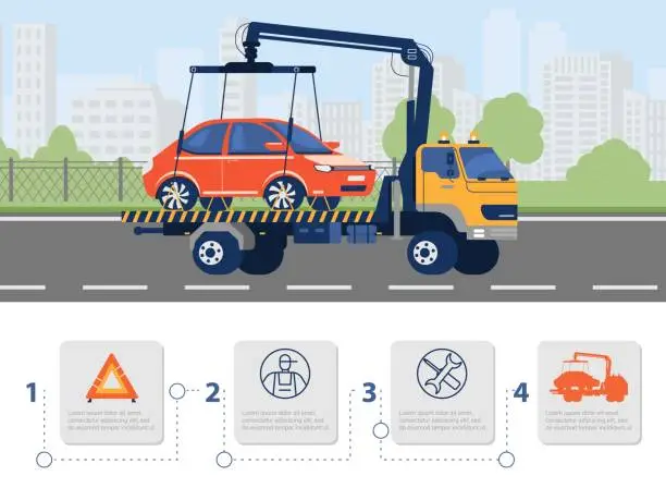 Vector illustration of Tow truck services infographics, flat vector illustration.