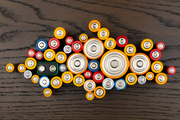Yellow and black disposable battery pile background. Horizontal composition with copy space. Battery life and pollution concept.