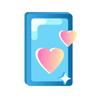 Blue mobile phone with 3d hearts on screen and highlights. Vector illustration of smartphone icon. Concept for romantic online communication, dating and Valentines day