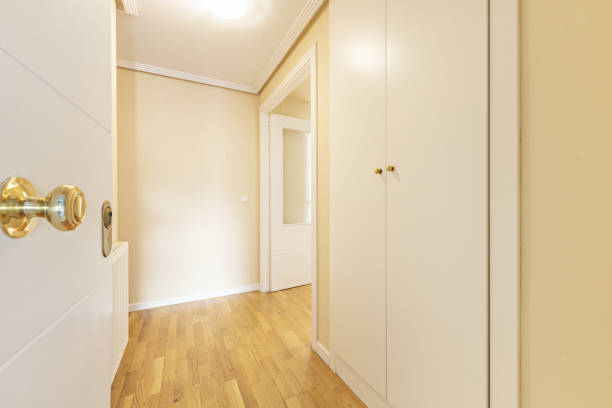 istock Housing hall with white lacquered wood carpentry and access to several rooms 1484099185