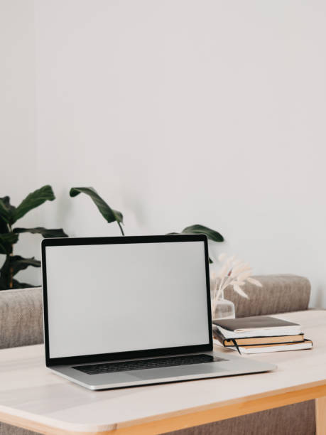 istock Home office background with copy space mock up laptop 1484099247