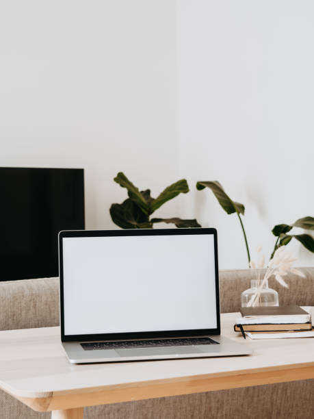 Home office background with copy space mock up laptop
