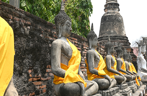 Row of Buddha statues at the temple in Ayutthaya, Thailand