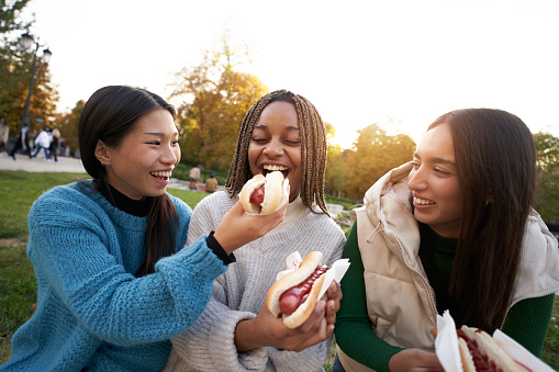 Group of happy smiling girls eating takeaway street food sitting on a bench in a nice city park. Three cheerful teenage friends having hot dogs outside. Fun people in rest area at lunch time.