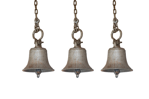 Old bronze bell in India temple isolated on white background, Temple brass bell hanging in gold color