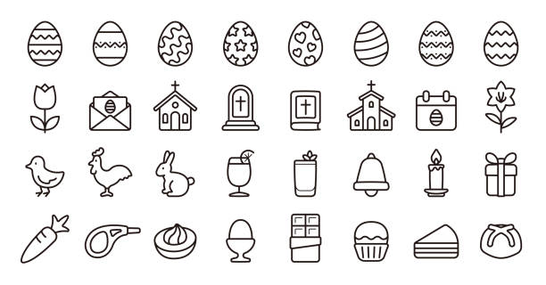 Easter icon set (Thin line version) This is a set of Easter icons. This is a set of simple icons that can be used for website decoration, user interface, advertising works, and other digital illustrations. pics of a cross easter lilies stock illustrations