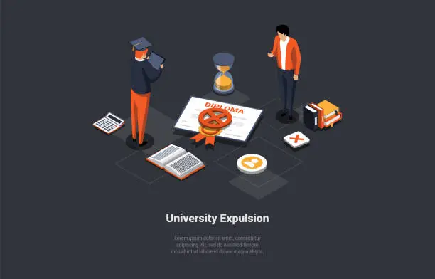 Vector illustration of Univercity Expulsion Concept. Confused Frustrated Student In Graduation Hat Fail An Exam, Has Got Worst Result And Removal or Banning of From School or University. Isometric 3D Vector Illustration