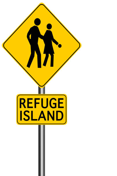 istock Bright yellow of a refuge island, pedestrian refuge sign. 1484106888