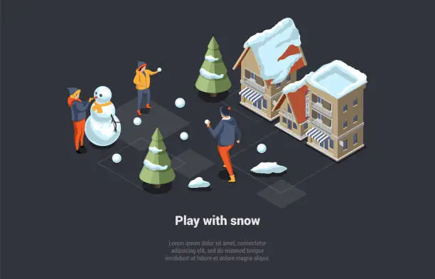 Vector illustration of Concept Of Winter Holidays And Family Vacations. Happy Teenagers Having Winter Fun Together. Children Are Playing and Throwing Snowballs And Making Snowman. Isometric 3D Cartoon Vector Illustration