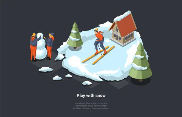 Vector illustration of Winter Holidays, Family Christmas Vacations. Male And Female Characters Are Skiing Downhill. Happy Children Making Snowman Outdoor Spending Time Together In Winter. Isometric 3D Vector Illustration