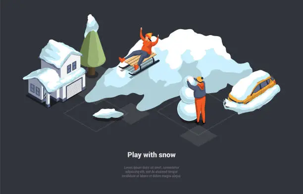 Vector illustration of Winter Holidays, Family Christmas Vacations. Male And Female Characters Are Sledding Downhill. Happy Children Making Snowman Outdoor Spending Time Together In Winter. Isometric 3D Vector Illustration