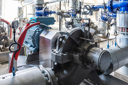 The water chiller in the mechanical room of a large building