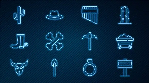 Vector illustration of Set line Road traffic signpost, Coal mine trolley, Pan flute, Crossed human bones, Cowboy boot, Cactus, Pickaxe and Western cowboy hat icon. Vector