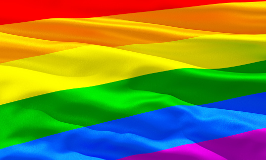 Pride rainbow flag closeup view background for LGBTQIA+ Pride month, sexuality freedom, love diversity celebration and the fight for human rights in 3D illustration