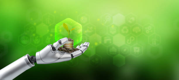 istock Environmental technology concept Robotic hand holding small plant with environment icons, artificial intelligence and technology ecology. Green Technology and Environmental Technology SDGs.Ai. 1484108845