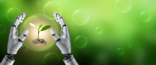 istock Environmental technology concept Robotic hand holding small plant with environment icons, artificial intelligence and technology ecology. Green Technology and Environmental Technology SDGs.Ai. 1484108849