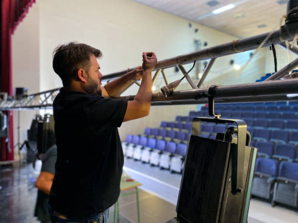 istock Lighting technician team installing spotlights on theater stage 1484110650