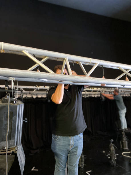 istock Lighting technician team installing spotlights on theater stage 1484110660