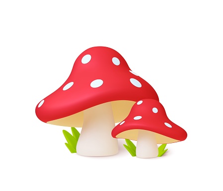 Mushroom 3d composition. Amanita isolated realistic elements, autumn forest plants. Trendy render vector graphic of mushroom forest plant composition illustration