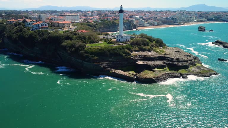 Aerial view of Biarritz lighthouse and coastline, Aquitaine, France. High quality 4k footage