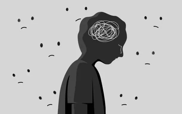 Vector illustration of Silhouette of a boy get stress and sad emotion with stigma . Kid mental health concept. flat vector illustration. design for banner and poster.