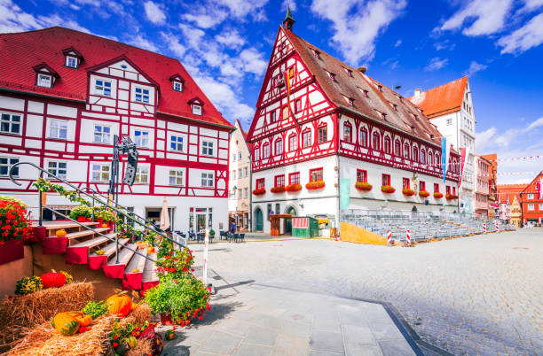 Nordlingen, Germany. Charming old city in Bavaria, Swabia. Marktplatz, autumn season. stock photo