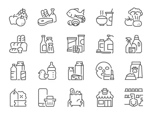 Vector illustration of Grocery types icon set. It included Grocery shop, store, supermarket, mart, flea market, and more icons.