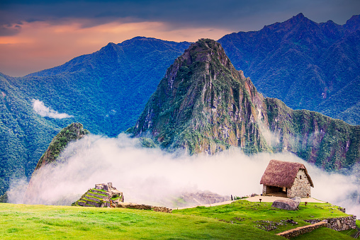 Machu Picchu, Peru. Ancient Incan citadel located in the Andes Mountains of Peru, known for its stunning architecture and breathtaking mountain views.