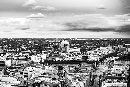 Hamburg, Germany - March 06, 2023: Black and white panorama view of downtown Hamburg with central station and st. georg district, 2023, horizontal format