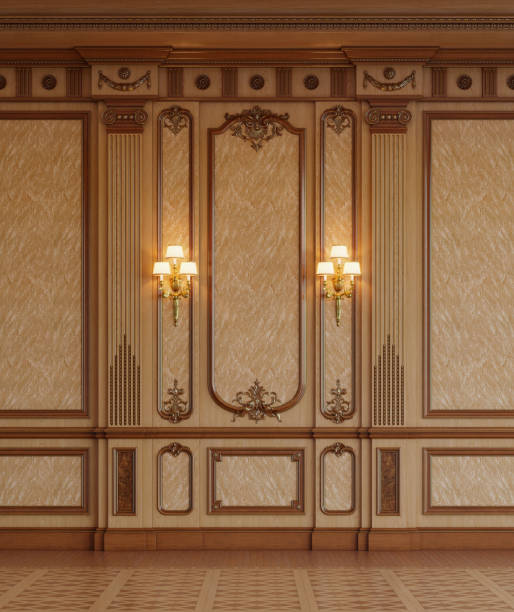 istock Wood paneled wall with gold trim and two lamps on it 3d rendering 1484124617