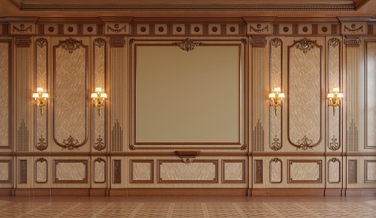 Wood paneled wall with gold trim and two lamps on it 3d