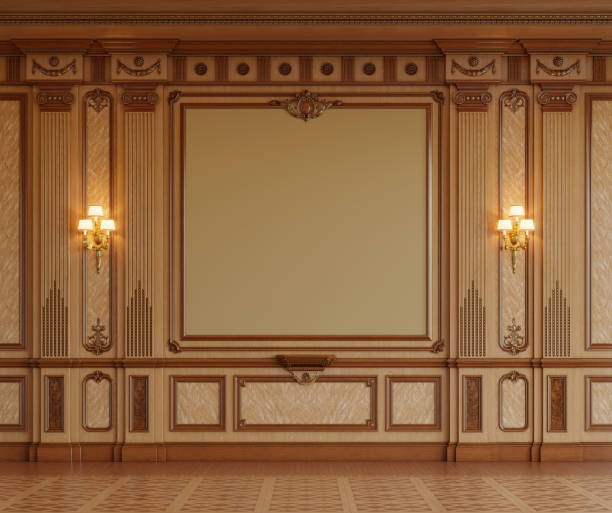 istock Wood paneled wall with gold trim and two lamps on it 3d rendering 1484124621