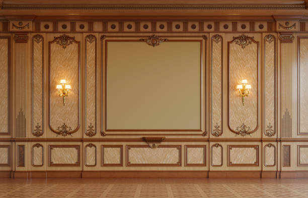 istock Wood paneled wall with gold trim and two lamps on it 3d rendering 1484124623