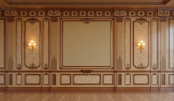 istock Wood paneled wall with gold trim and two lamps on it 3d rendering 1484124631