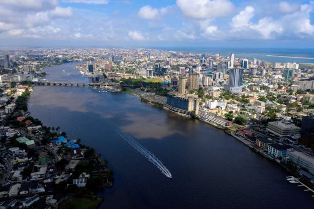 Five Cowrie Creek A drone shot of the Lagos Lagoon nigeria stock pictures, royalty-free photos & images