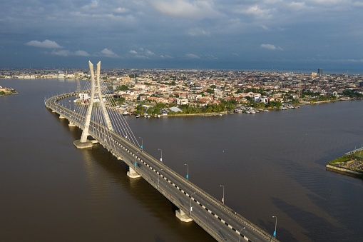 A drone shot of the Lagos Marina