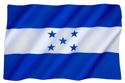 The national flag of the Republic of Honduras - adopted on March 7, 1866. Isolated on white for cut out.