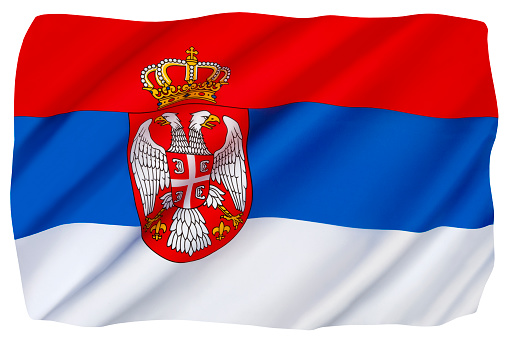The flag of Serbia - officially adopted on 11th November 2010.\nIsolated on white for cut out.