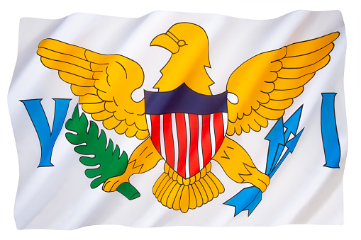 The flag of the United States Virgin Islands was adopted in 1921. It consists of a simplified version of the coat of arms of the United States between the letters V and I (for Virgin Islands). Isolated on white for cut out.