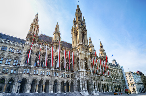 The Rathaus (City Hall) of Vienna was designed by Friedrich von Schmidt in the Neo-Gothic style, and built between 1872 and 1883