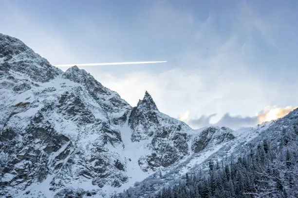 View of the mountain range from Morskie Oko. Morskie oko mountain lake in High-Tatras, Poland.